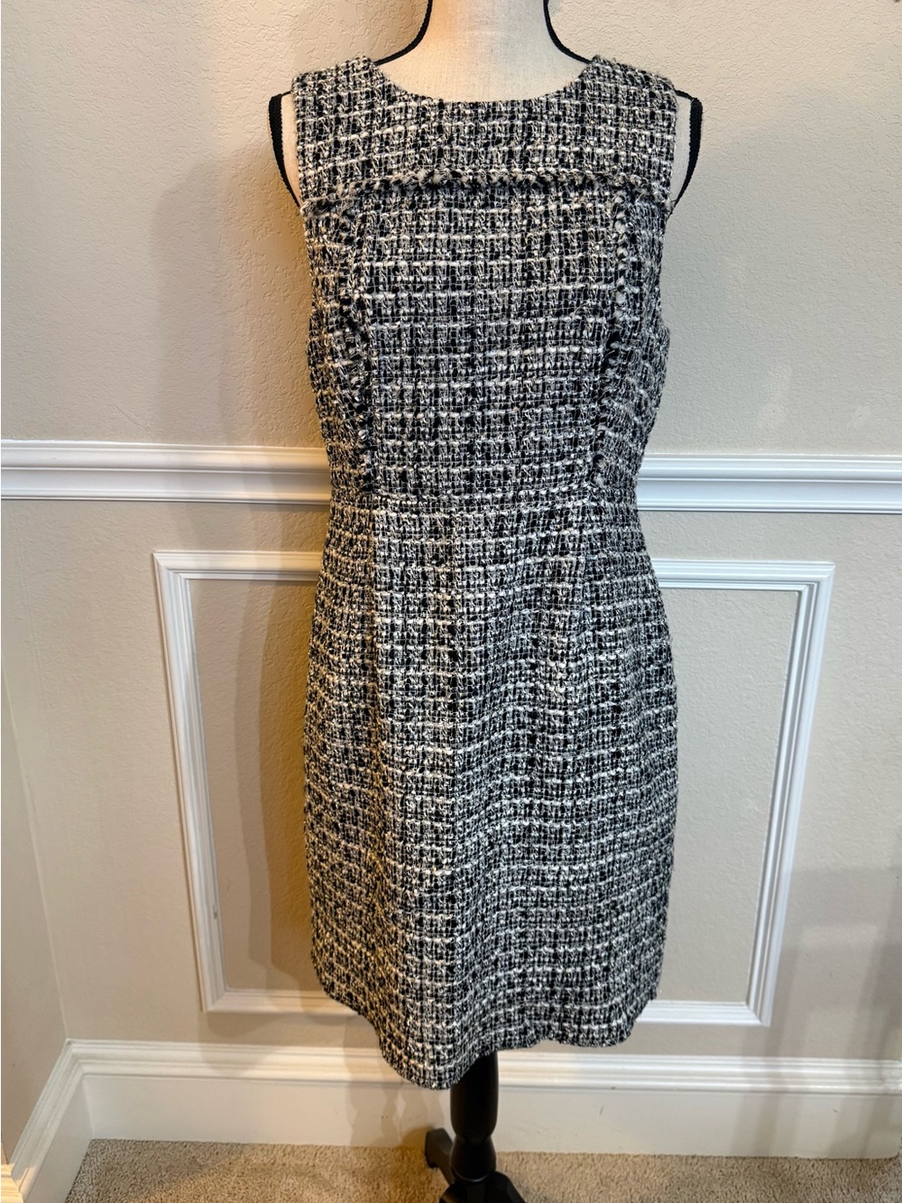 J. Crew Black and White Tweed Sheath Dress with gold thread flecks. So pretty!